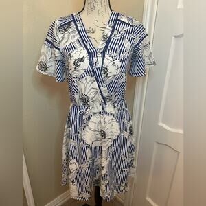 Sienna Sky Spring Summer Blue and White Flower Print Dress, Lined, Size S